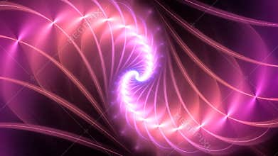 Curved pink shape with glowing fluids rotating on black.