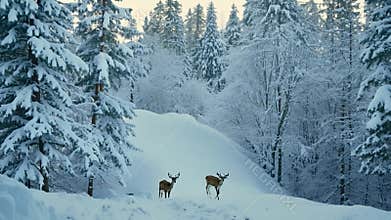 Two deers are walking on a snowy hill in a forest completely covered with fresh snow. The sun is shining through the