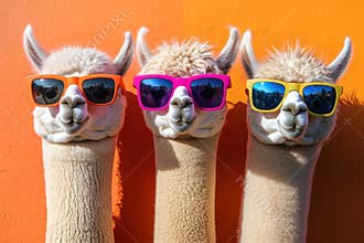 Three llamas wearing sunglasses and glasses
