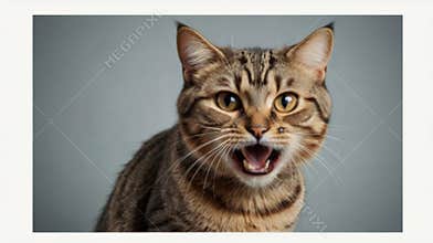 European shorthair cat meowing on grey background