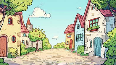 Charming Cartoon Village Street with Colorful Houses and Lush Greenery