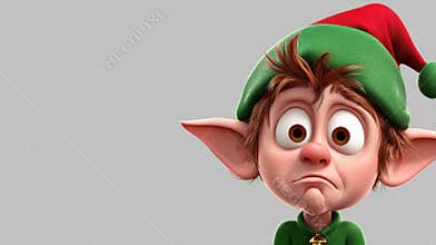 3d rendered illustration of a sad elf wearing a green and red christmas hat. His head is tilted down and his face