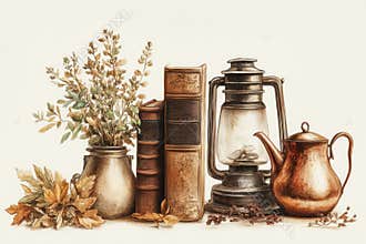 retro autumn clipart, retro autumn clipart set features nostalgic items like old books, lanterns, copper kettles, and