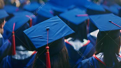 A close-up view of a line of graduates wearing blue caps and gowns, symbolizing the start of a new chapter in their lives,