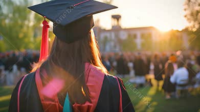 A graduate, wearing a cap and gown, turns to face the sunset, symbolizing the beginning of a new chapter, Commemorating the