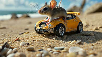 Toy mouse enjoys a ride in a toy car, rolling through the sand with playful abandon, Ai Generated