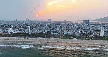 Aerial view of Da Nang beach, Vietnam at sunset