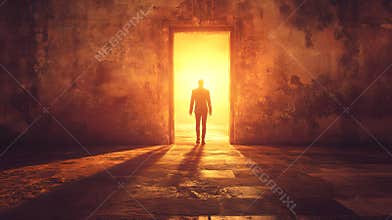 Person stepping through a doorway into bright light, representing a new beginning