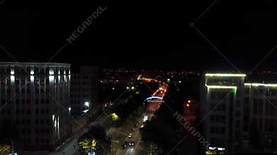 Aerial night illuminated streets in Kharkiv city