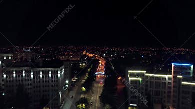 Aerial night illuminated streets in Kharkiv city