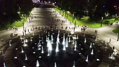 Aerial circle fountain on night Freedom Square