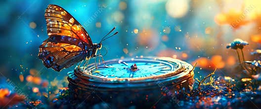 Butterfly on a glowing compass in a magical forest