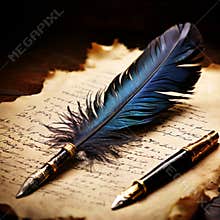 Feather quill and fountain pen on antique parchment close-up