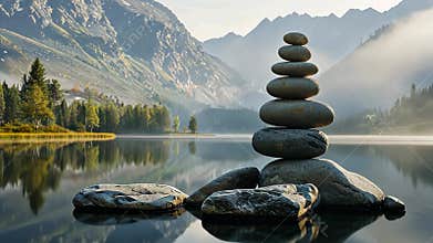 Serene mountain lake with stacked stones reflecting in water, tranquil nature scene. Balance and harmony concept