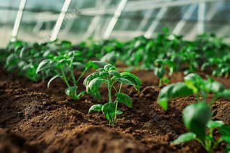 Young green pepper plants growing in a modern greenhouse environment
