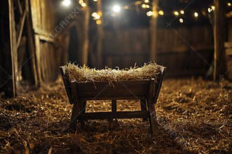 A scene from the Nativity story, depicting Baby Jesus in a manger surrounded by farm animals in a rustic barn