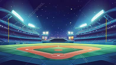 A cartoon drawing of a baseball stadium idea, featuring a sports field with bases and floodlights, as well as spectator