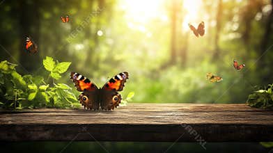 A tight shot of a rustic, unoccupied wooden table, featuring a blurred butterfly amidst a green garden backdrop.