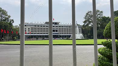 Frontal perspective of Independence Palace or Reunification Palace Dinh Doc Lap is designed a main public landmark in