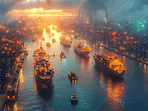 Digital artwork of a bustling industrial port at dusk, with multiple cargo ships, cranes, containers, support vessels