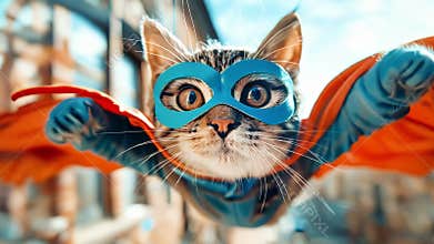 Funny kitten in superhero costume flying on blurred cityscape background. Funny animals conception.