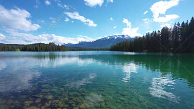 Jasper National Park summer landscape, Alberta, Canada. Lakeside of the Beauvert Lake (Lac Beauvert)