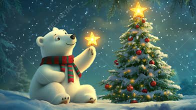 A cute polar bear holding a star in front of a Christmas tree