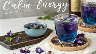 A calming infusion of deep blue and purple tea filled with butterfly pea flowers presents an enchanting sight as it