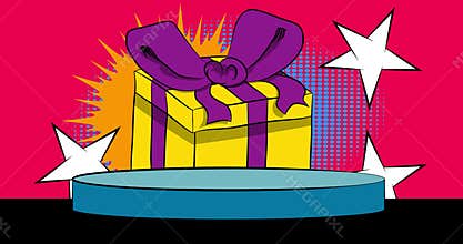 Comic Book Product podium stage animation for presentation with Gift Box, surprise present.