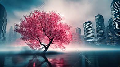 Pink blossom trees in front of a futuristic city reflecting in calm water