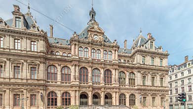 Hyperlapse of Palais de la Bourse or Palais du Commerce front view in the Les Cordeliers quarter, Lyon, France.