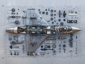 Dismantlement diagram of Fighter Jet, the Fighter Jet is in the middle of the picture, and Fighter Jet parts are neatly