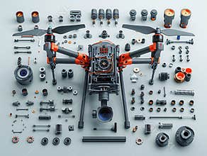 Dismantlement diagram of Drone, the Drone is in the middle of the picture, and Drone parts are neatly placed around it