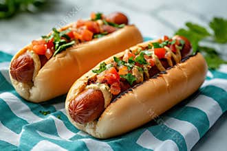 vegan picnic setup, vegan hot dogs beautifully displayed on a picnic blanket in natural light at an outdoor setting