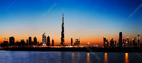 Dubai skyline at dusk seen from the Gulf Coast