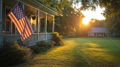 American flag waving on a porch at sunrise in a peaceful suburban neighborhood