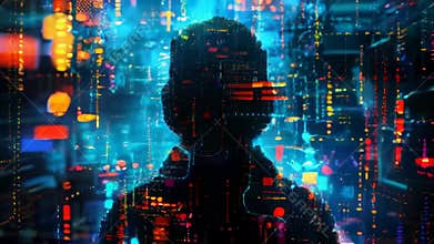 Abstract silhouette of person in digital world, cyber space like NFT token and crypto art. Concept of blockchain, data