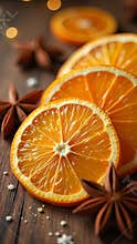 Orange slice with star anise on a rustic wooden surface. Fresh citrus and aromatic spice create