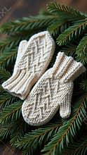 Cream knitted mittens on pine branches. Cozy winter accessory with soft texture, rustic festive