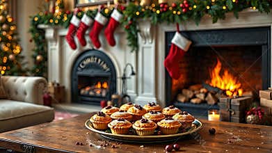 Mince pies on a table by a glowing fireplace with stockings and a decorated tree. Cozy festive vibes