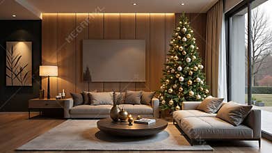 Modern and elegant living room decorated for Christmas, featuring a beautifully lit Christmas tree