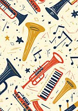 A vertical poster design with hand-drawn images of trumpets, saxophones, and musical bars. Space for