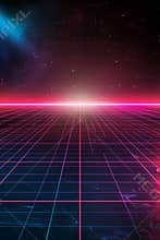 Flat vertical poster design, black background with neon geometric grid, space for text at the top