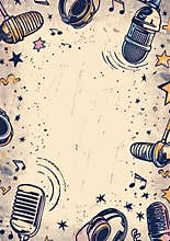 A vertical poster background with doodle drawings of microphones, headphones, and musical waves. A