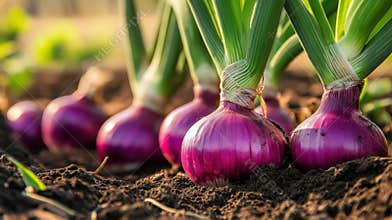 Rows of vibrant purple onions growing in fresh garden soil