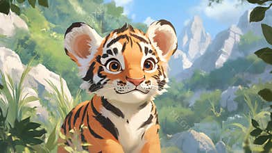 Cute tiger cub exploring a lush jungle in a vibrant illustration