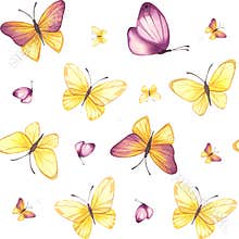 Seamless pattern with pretty spring yellow and lilac butterflies on white background. Watercolor illustration.