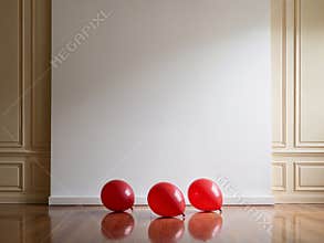 Blank white canvas with three red balloons on a wooden floor with molding on the walls