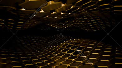 Three dimensional waves made of glossy golden hexagon blocks smoothly floating on a dark background