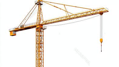 Building and construction equipment is depicted as a full-height yellow tower crane isolated on white.